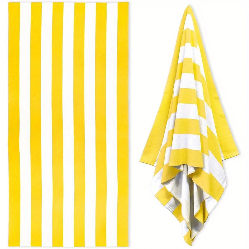 Beach Towel Yellow & White Stripes Patterned Sunscreen And Windproof Suitable For Swimming Pool Camping Travel Blanket