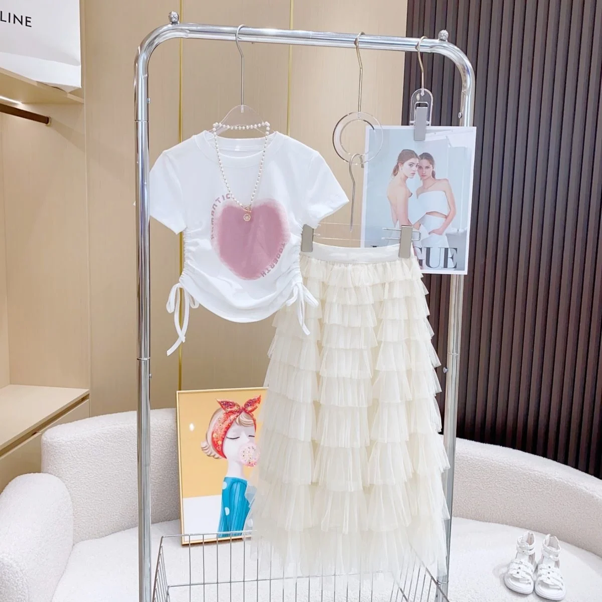 Retail 2023 New Baby Girls  Teenage Summer Fashion Sets,  Letter Love Pattern T-shirt + Mesh Cake Skirts   3-9 T