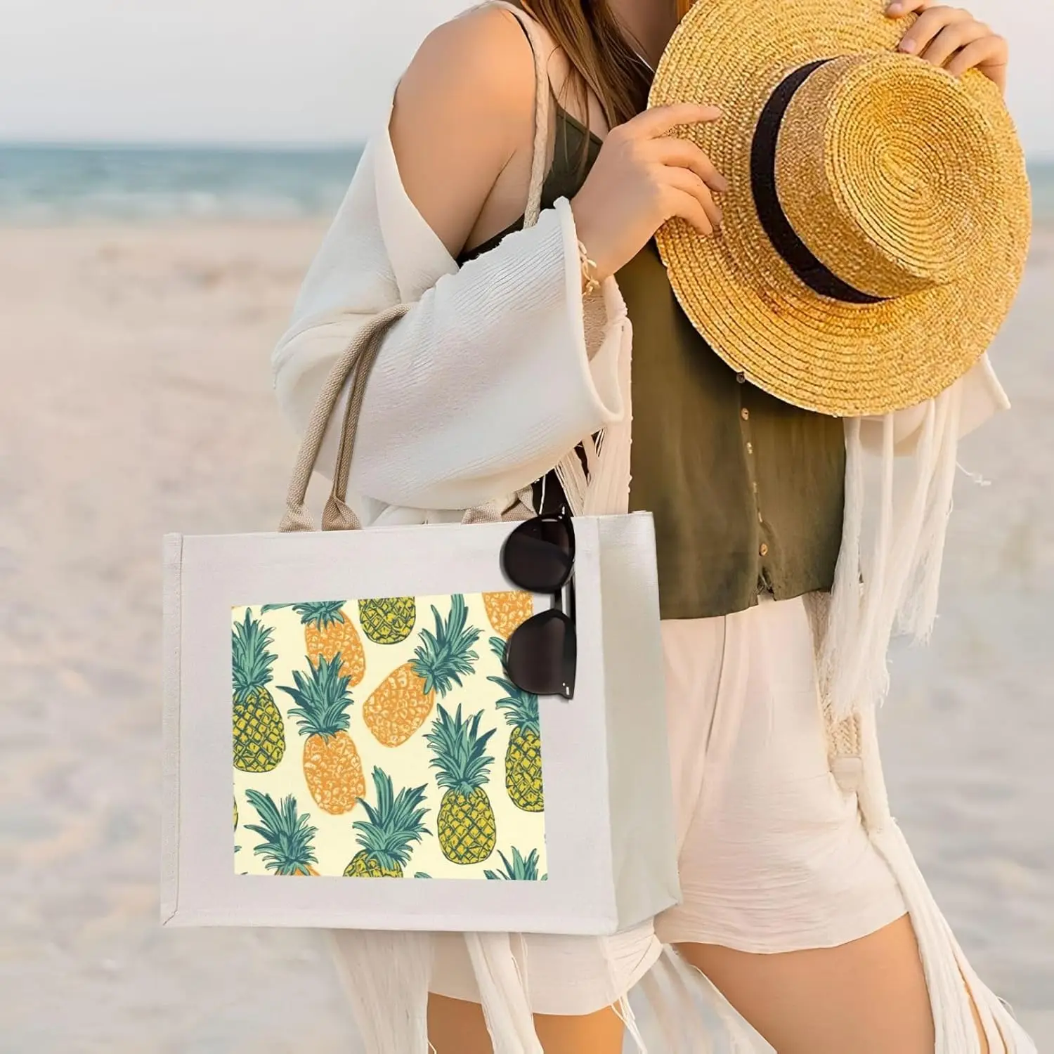 Bolso de mano de lona con estampado de piña, bolso de moda, bolso de compras de hombro