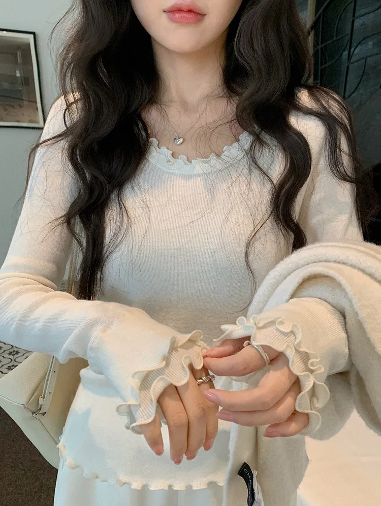 سترة صوفية محبوكة بطبقة مزدوجة للنساء بتصميم خشبي لطيف Sle طويل Sve بقصة ضيقة من بوابة Dongda