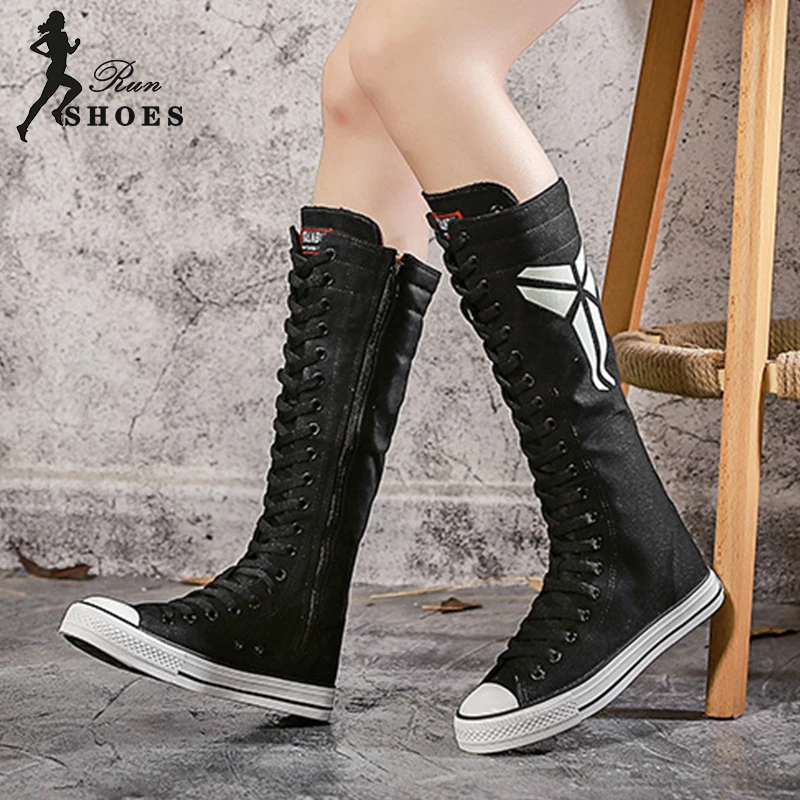 Women Knee-High Long Equestrian Boots Slim Cross-tied Luminous Fluorescent Canvas Punk Round Toe Ladies Cheerleaders Dance Shoes