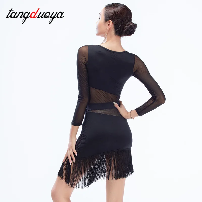 Womens Latin Tango Ballroom Dance Dress Sheer Mesh Patchwork Fringed Performance Costumes Party Club Dress Long sleeve/sleeveles