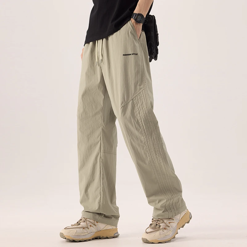 

2025 Summer Men's Ice-Silk Pants Thin Outdoor Fabric Lounge Pants Loose Comfy Streetwear Slim-Tall Look Hong Kong Style Trousers