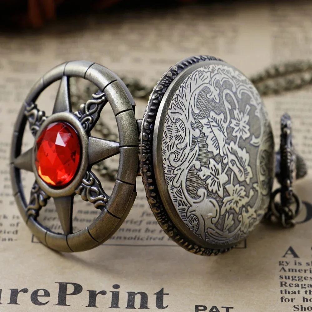 Red Gemstone Inlay Design Quartz Pocket Watch Elegant Retro Women's Necklace Chain Pocket Watch Gifts for Girls Men