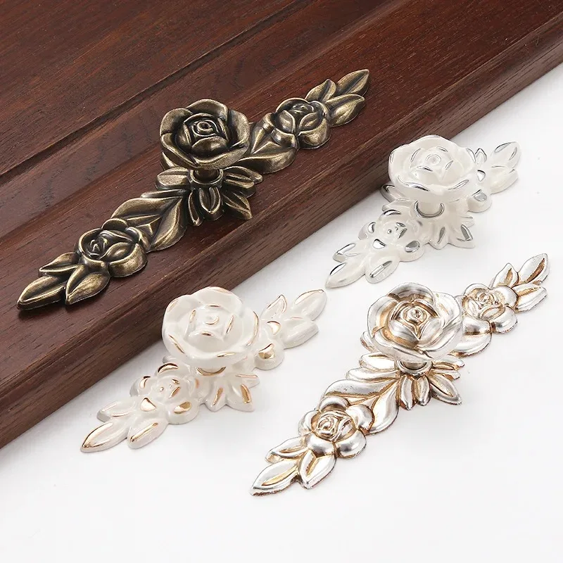 European Retro Rose Handle Ivory White Ancient Silver Bright Silver Wardrobe Chest of Drawers Door Handle Cabinet Pulls