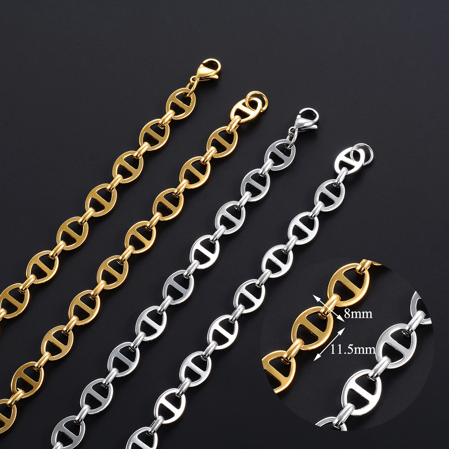 6MM 8MM Runde Edelstahlkette in Silber- und Goldfarbe, Kaffeebohnen-Halskette, Wasserdichter Hip-Hop-Choker, Metallschmuck – Detail 3