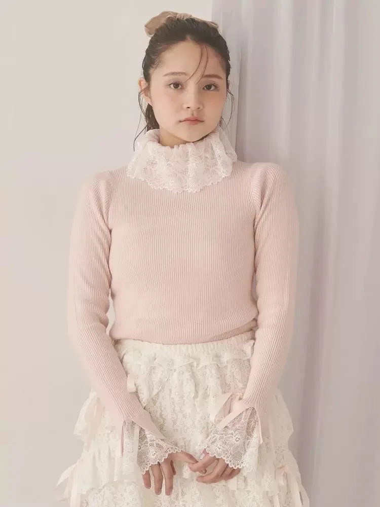 Frühling und Herbst Pullover Japanische Süße Spitze High Neck Pullover Mädchen Frauen Slim Fit Täglich Grundlegende Gestrickte Pullover Tops 2025