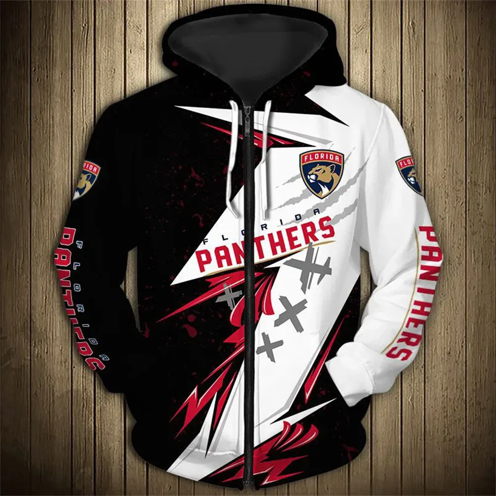 

Florida men's casual 3D zipper hoodie listras de costura vermelho e azul cartoon leopardo impressão Panthers sweatshirt