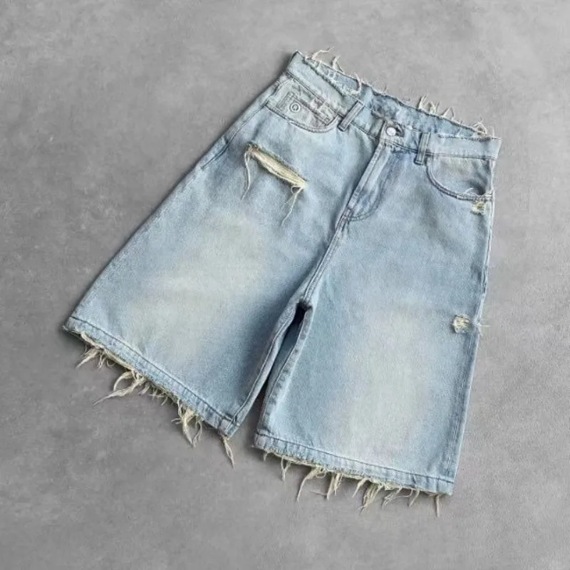 

Deeptown Washed Ripped Short Jeans Women and Man Hole Embroidery Wide Leg American Retro Jorts Baggy Casual Streetwear Summer