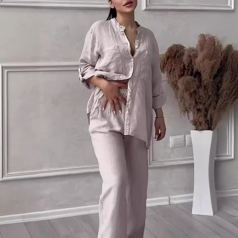 Primavera manica lunga puro set di due pezzi abiti da donna Casual colletto alla coreana bottone Top e pantaloni con coulisse abito estivo in cotone