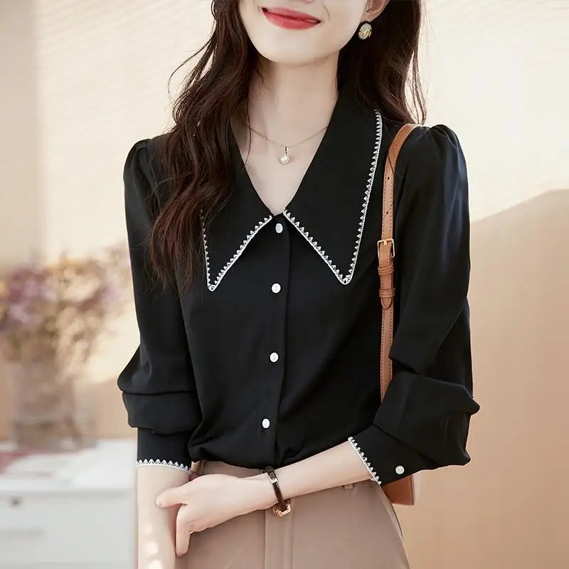 Women\'s Peter Pan Collar Contrast Color Blouses Tops Spring Autumn New Long Sleeve Chic Single-breasted Fashion Formal Shirts