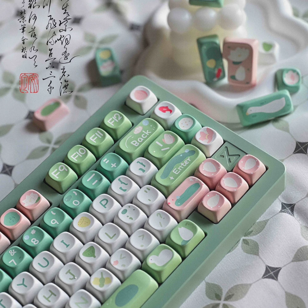 Imagem -03 - Keycap Tema Lotus para Teclado Mecânico Boa Sorte Sublimação Pbt Teclados Bonitos Branco e Verde Personalizado Altura Moa