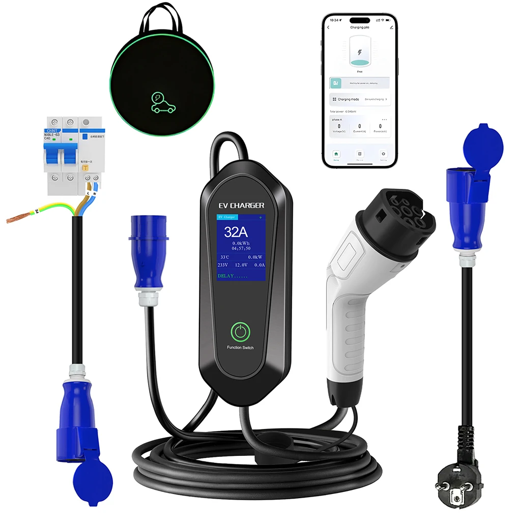 

Portable 32A 7KW EV Charger Charging Cable CEE Type 2 Single-Phase 3PIN With LCD Display Charging Box Electric Car Charger