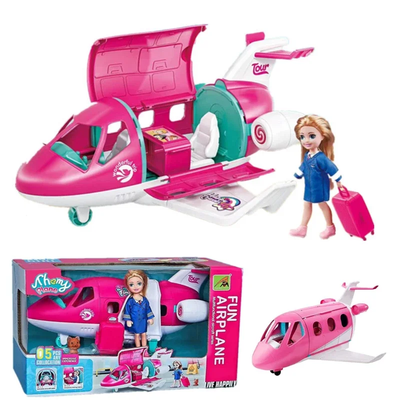 Fashion Doll Airplane Accessories Vehicle Trip Pilot Doll Pink Color Playset Including Suitcase for 3 Years Old Kids and Up Toys