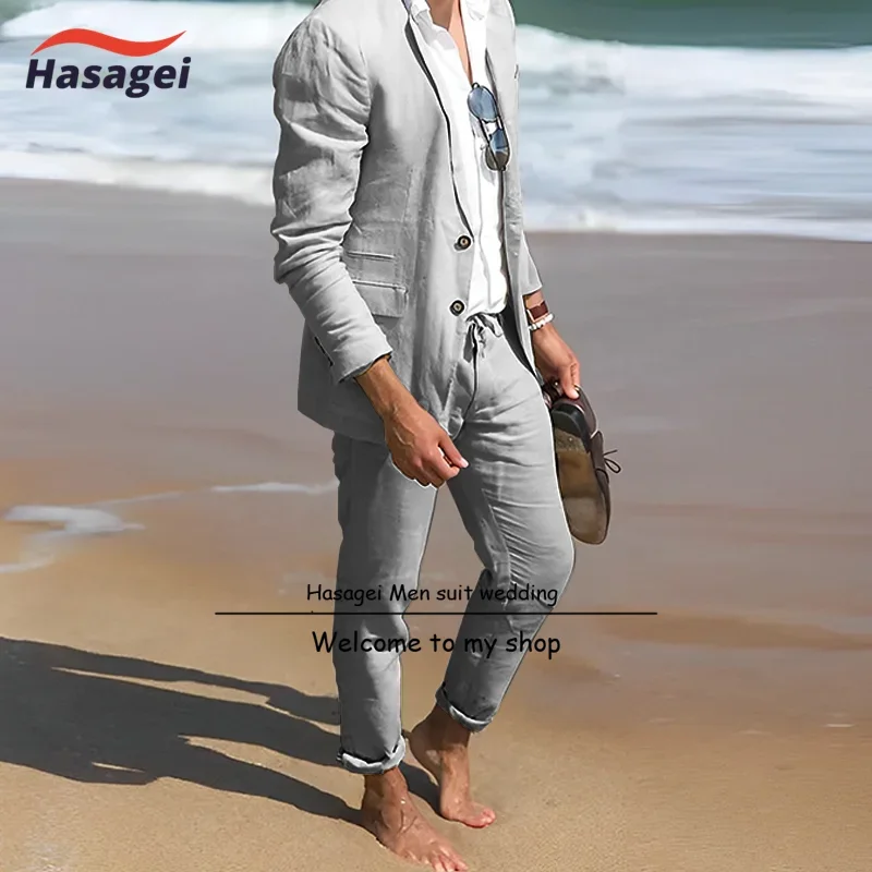 Beige Linen Men Suit Set Summer Groom Groomsmen Wedding Beach Tuxedo Fashion Casual Blazer Pants 2Pcs