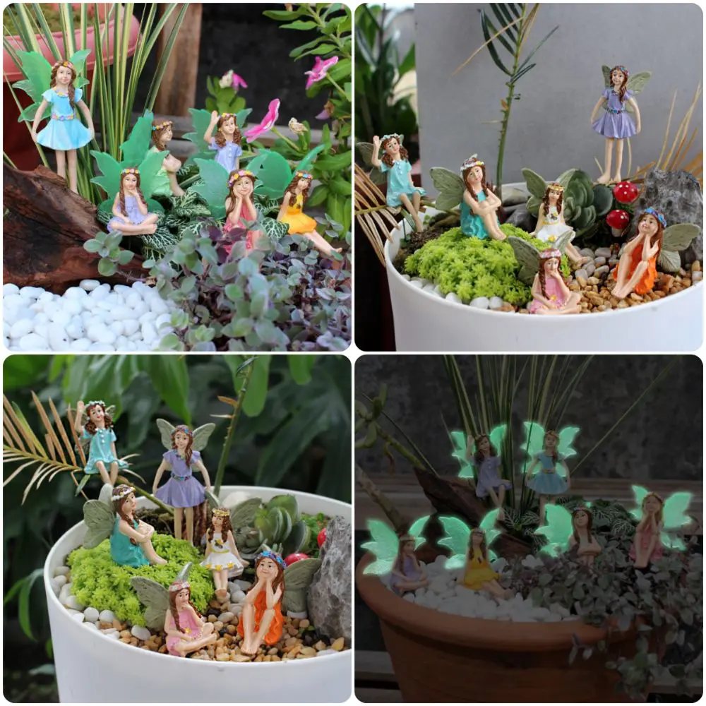 6PCS Multicolor Miniature Fairy Figurine Glow in The Dark Beautiful Wings Fairy Bonsai Ornament Micro Landscape Resin