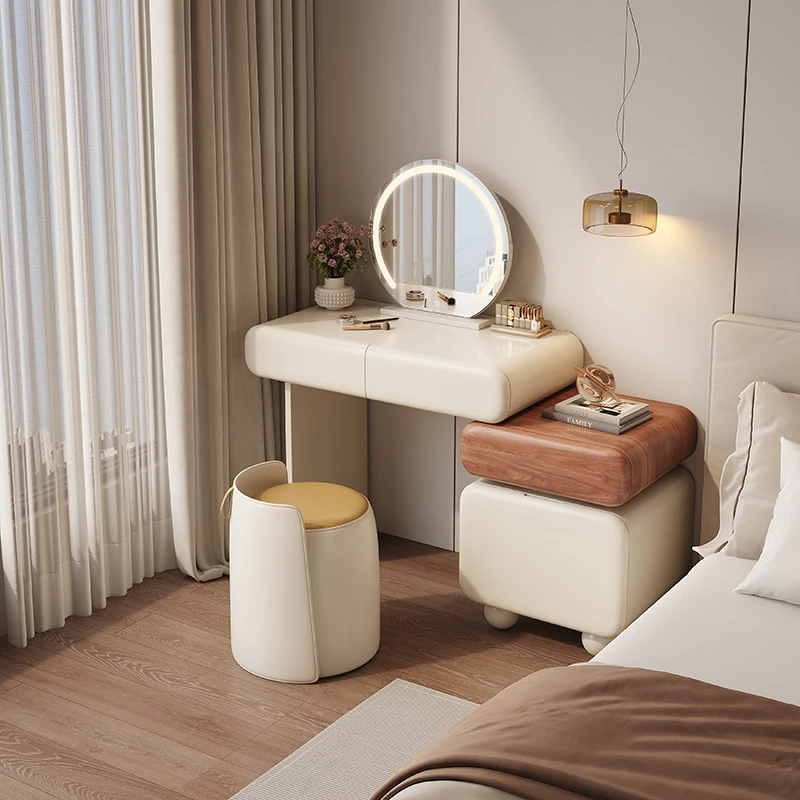 

Cream Style Solid Wood Dressing Table Modern Art Makeup Table Bucket Cabinet Integrated Italian Style Light Luxury Makeup Table