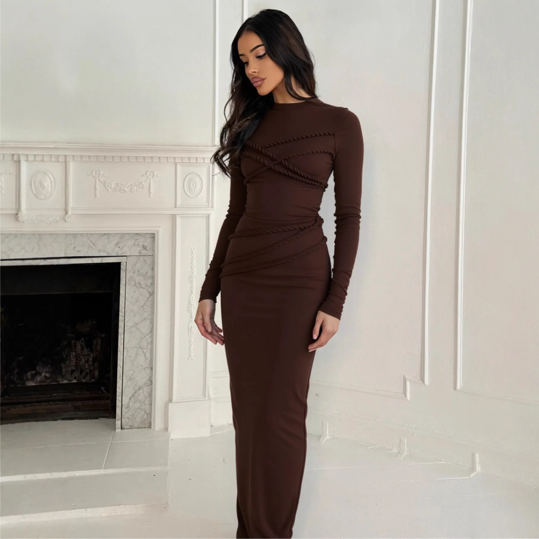 

Осень-зима, новый стиль, женское модное платье-юбка макси с длинным рукавом, украшение из веревки, однотонное индивидуальное платье