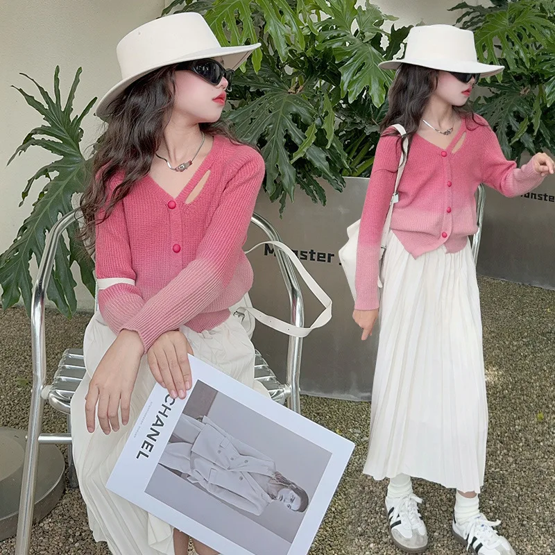 

French design teen girls skirt set Gradient pearl button sweater+Pleated long skirt 2pcs junior kids clothes suit child outfits