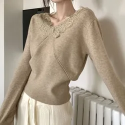 Suéteres de punto para mujer, ropa elegante de encaje empalmado, Color sólido, moda de otoño e invierno, cuello en V, combina con todo, 2023