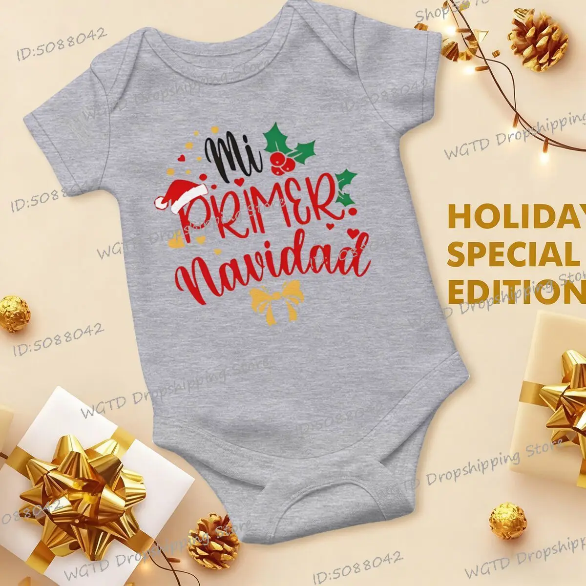 私の最初のクリスマス新生児ボディスーツベビー半袖ロンパーススペイン語プリント幼児洗礼衣装幼児クリスマスパーティー服