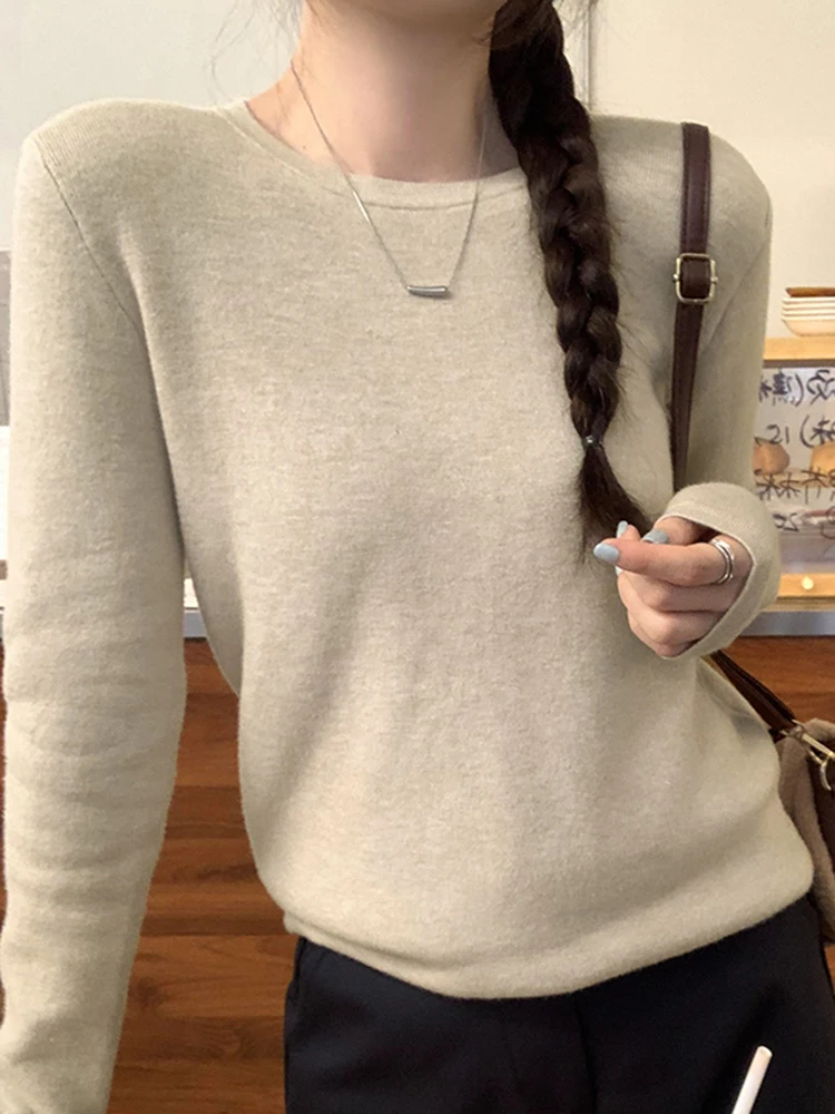 

Autumn New Solid Color Slim Woman Pullover Simple Basic Fashion Street Women Pullover White Apricot Oat Slim Knitted Top Female