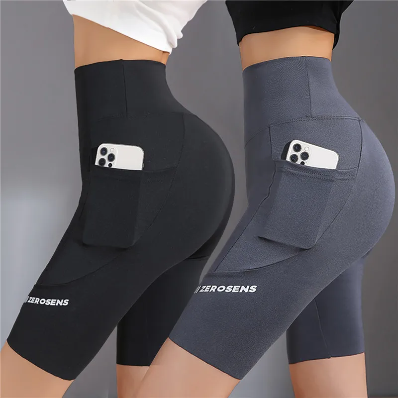 Summer Women's Cycling Shorts Stretch Letter High Waist Shorts for Women Biker Shorts Slim Knee-Length Bottoms Yogaes Shorts