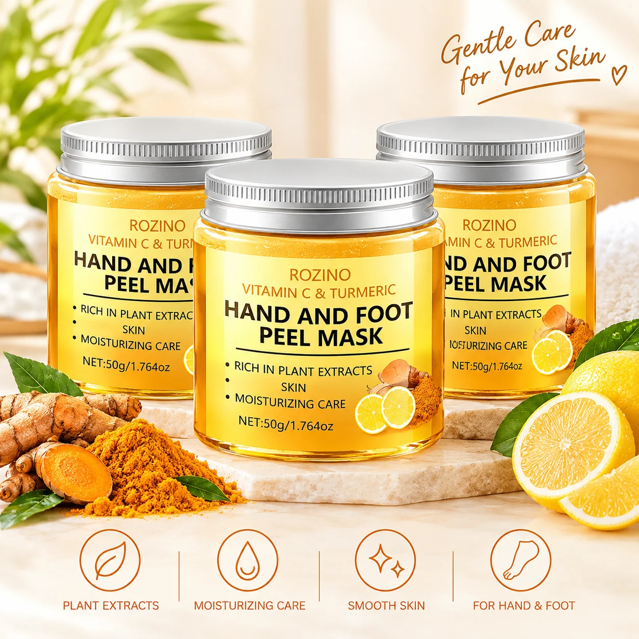 3pcs ROZINO Hand and Foot Peel Mask 50g, Vitamin C Turmeric Hand Care Mask, Moisturizing Foot Care Treatment, Plant Extract Skin Care, Home Spa Beauty Care