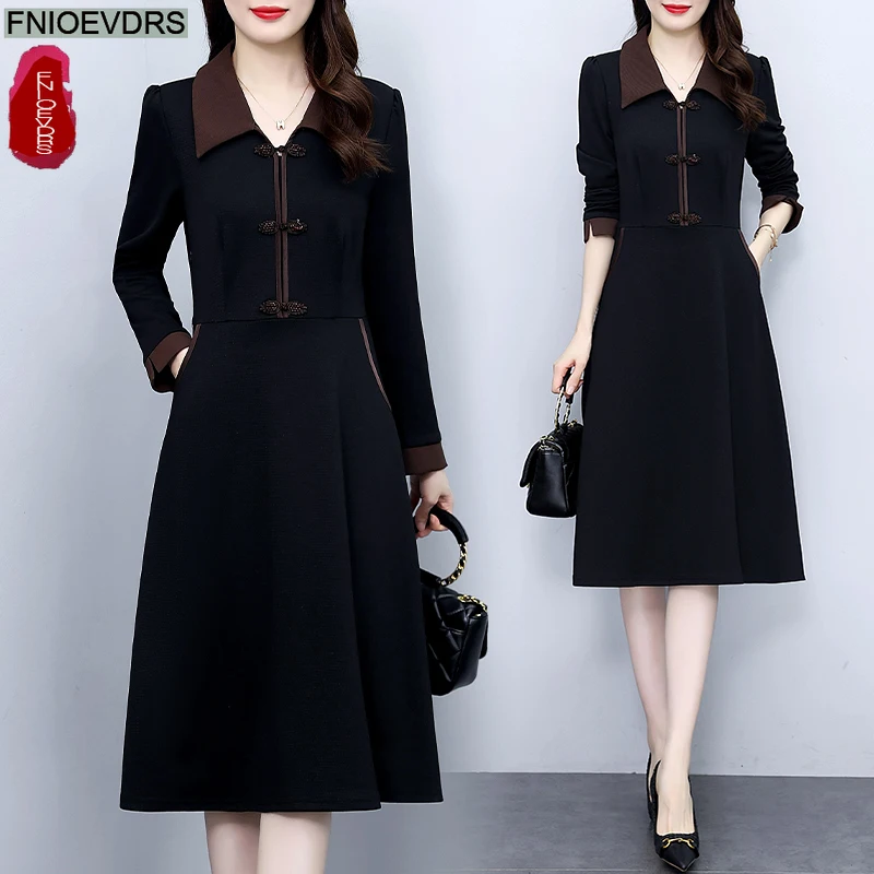 Retro vintage botão camisa vestidos outono inverno básico mulher manga longa elegante senhora do escritório bolsos sólidos vestido preto