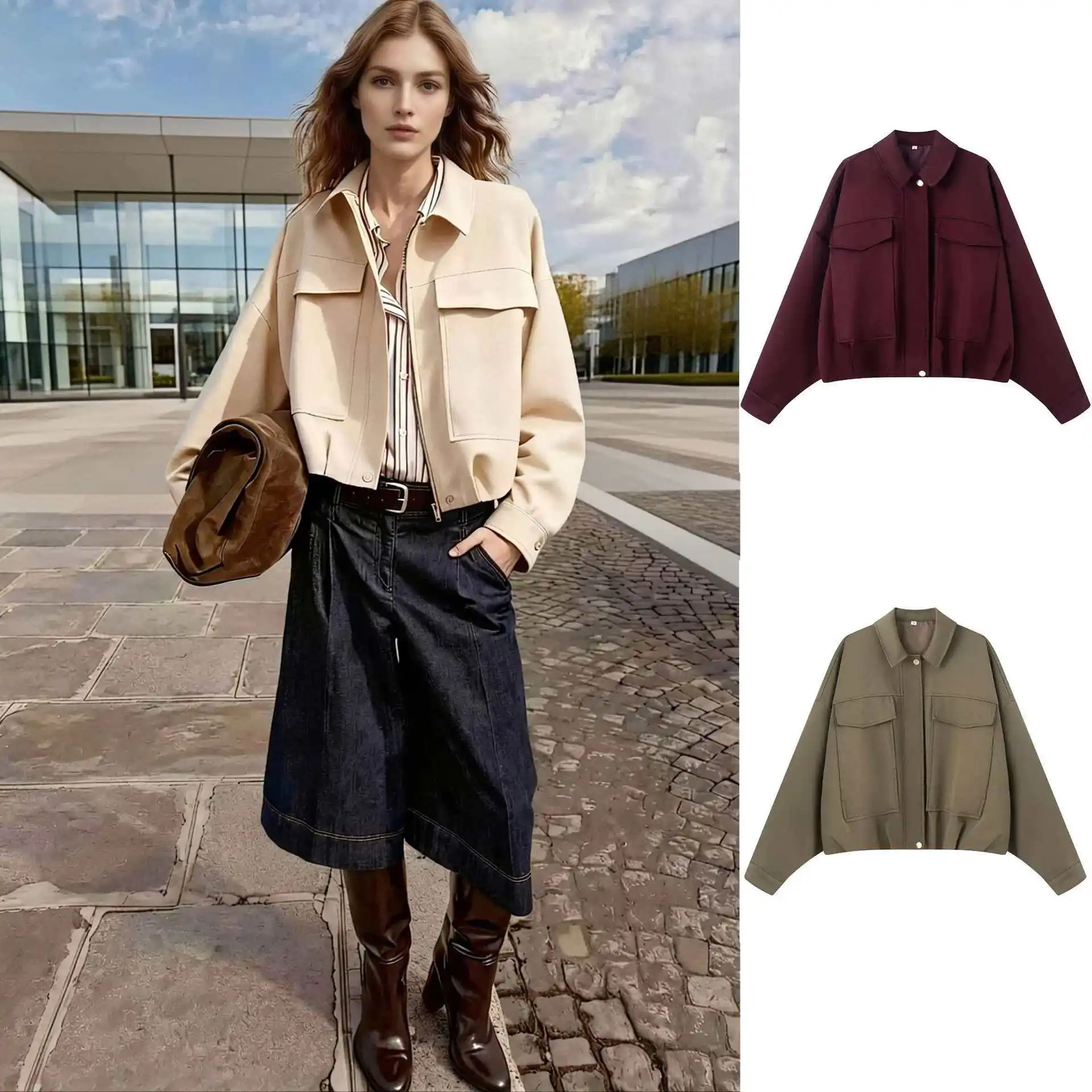 

Женская повседневная куртка-бомбер KIDCRKJ с рюшами, отложным воротником, большими карманами, длинными рукавами, универсальная модель 2026 года