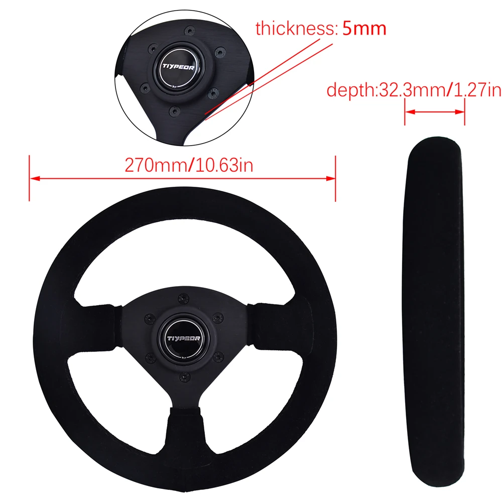TIYPEOR 270mm 11Inches Small Size Sports Steering Wheel 3 Spokes Black Suede Leather Drift Simulation Racing Game Steering Wheel view 3