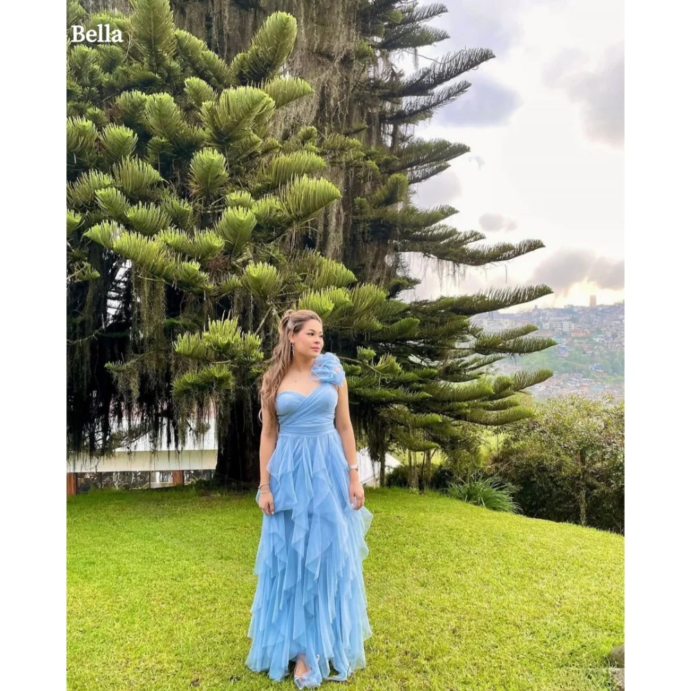

Bella Customized Blue One Shoulder Strapless Backless robes de soirée A-line Mesh Fabric Party Dresses Floor-Length Prom Dress