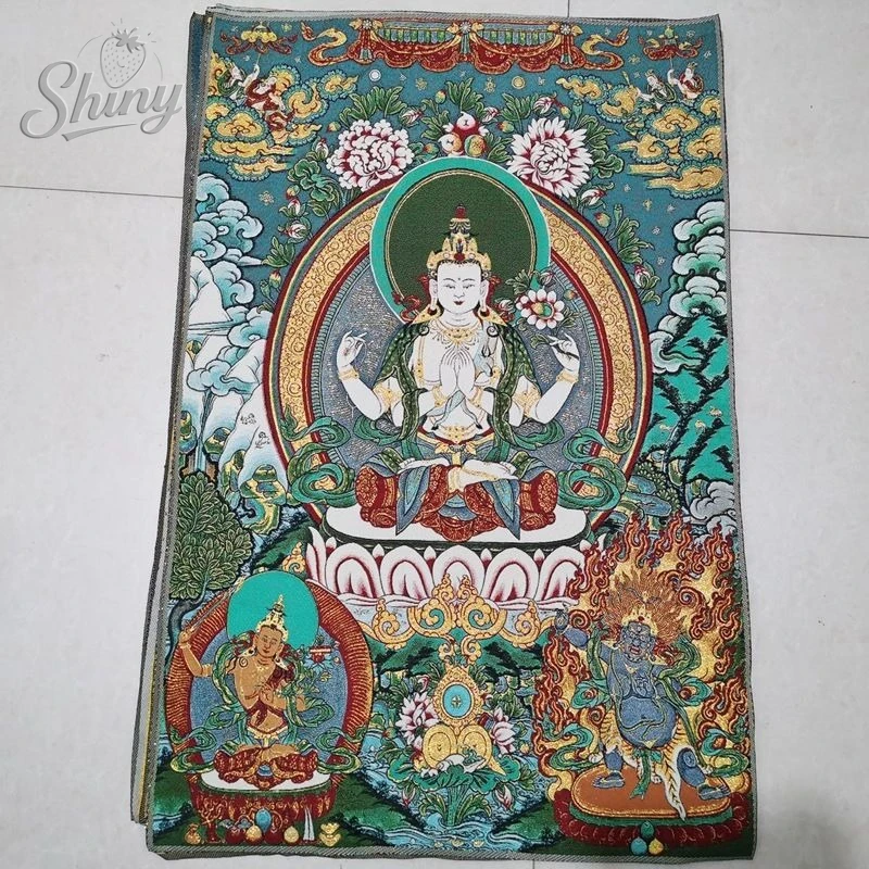 Four-Armed Avalokiteshvara Thangka Embroidery Tibetan Buddhism Silk Buddha Decorative Painting Wall Decor