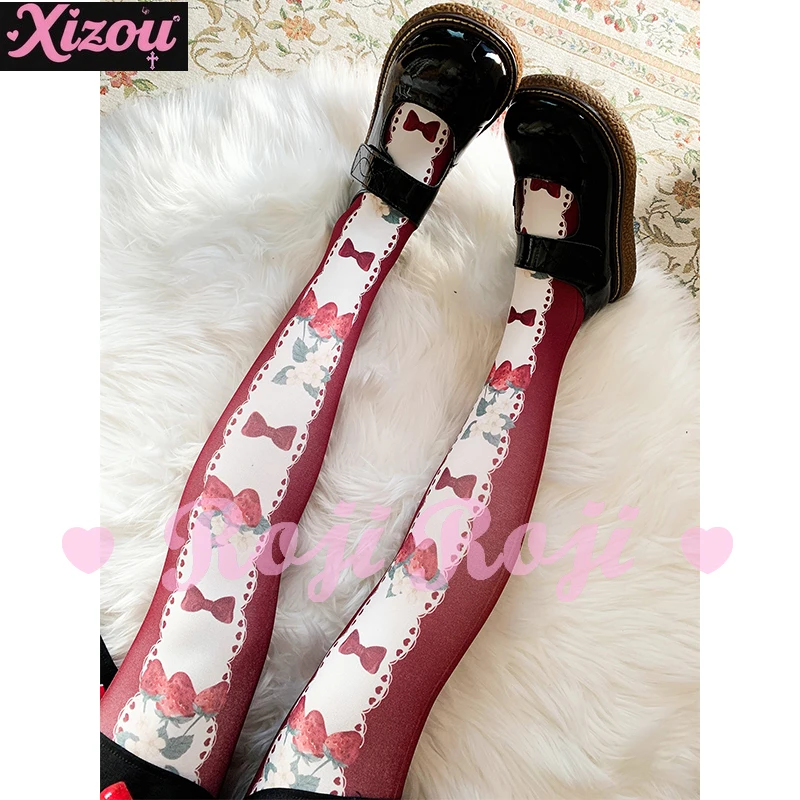 Japanese Strawberry Bow Tie Lolita Socks Women's Spring and Summer Velvet Print Pantyhose Lolita Sweet Socks Sweetheart Girl