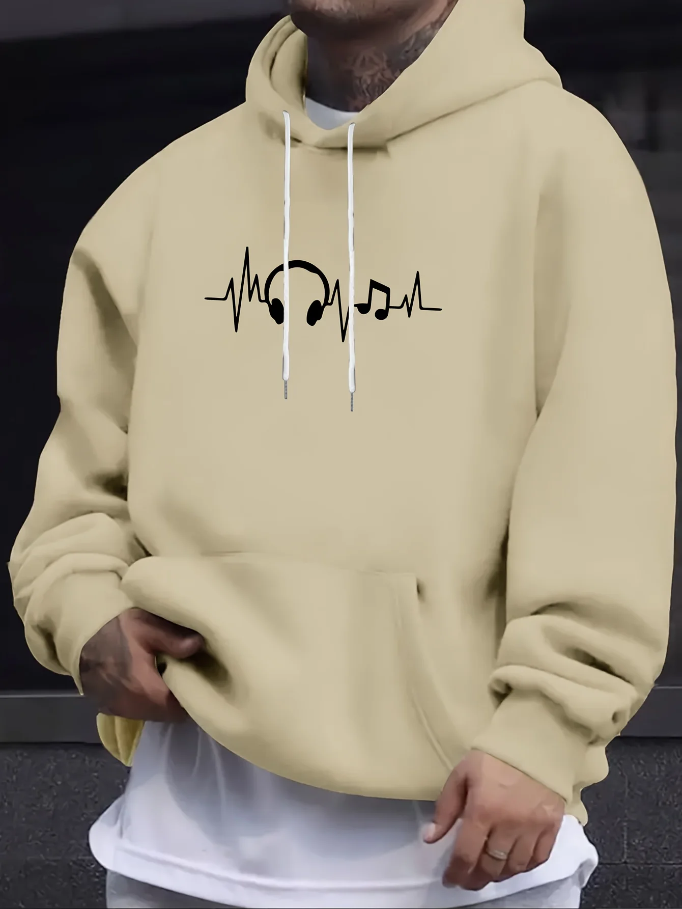 

Men's Comfortable Hoodie with ECG Print, Kangaroo Pocket - Casual & Sporty Pullover for Fall/Winter Outdoor Activities