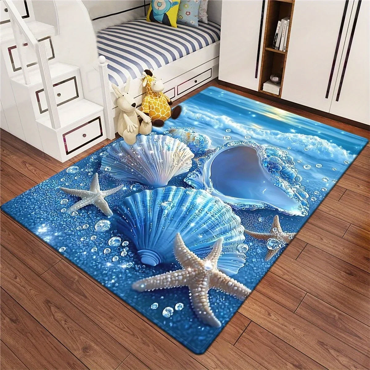 1pc 2D Flat Blue Seashell Starfish Ocean Waves Flannel Bath Mat Non Slip Beach Theme Shower Rug for Bathroom Toilet Floor Decor