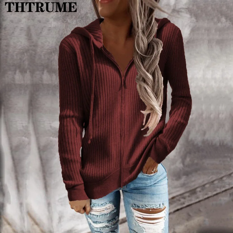 Autumn Winter Warm Hoodies Fashion Long Sleeve Zipper V-Neck Elegant Women Loose Hooded Casual Office Lady Knit Chic Sweatshirts