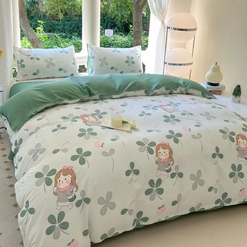 Set letto stampato orso Kawaii Copripiumino floreale Set biancheria da letto federa Set biancheria da letto per cani carino Copripiumino Completo