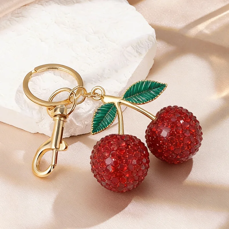 Lindo Llavero de Arcilla Polimérica con Cereza Roja y Diamantes de Imitación Brillantes, Adorno de Moda para Bolsos de Mujer y Anillo para Llaves