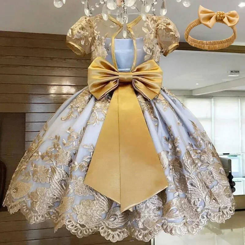 Elegant Princess Lace Wedding Formal Dress Luxury Embroidery Kids Dresses For Girls Vintage Backless Children Party Prom Gown