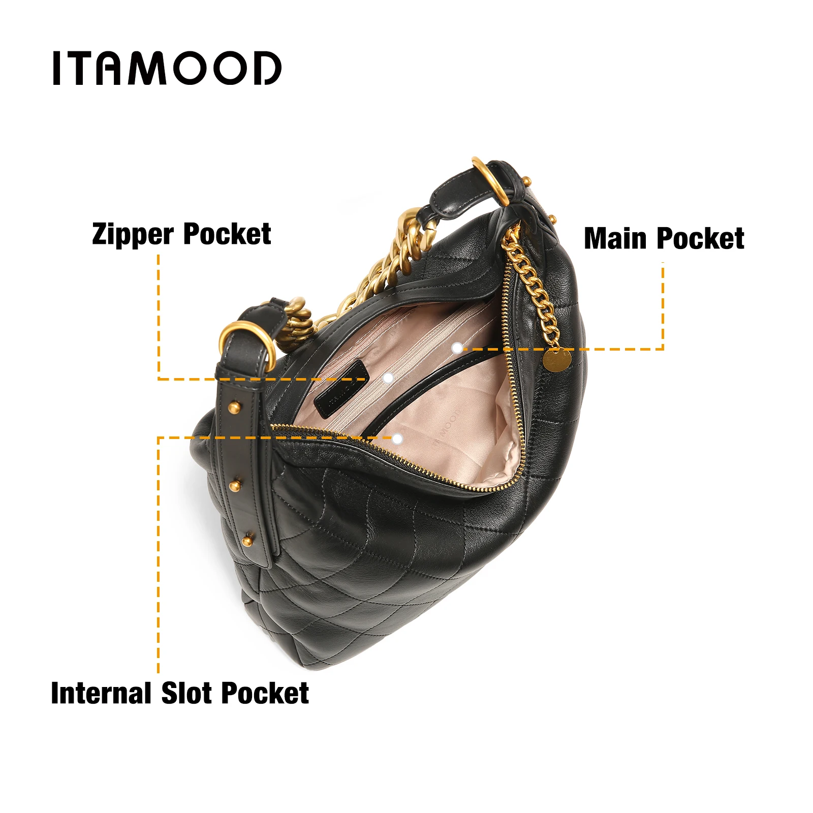 ITAMOOD Genuine Leather Shoulder Bag Luxury Branded and Quilted Tote Bag With Gold Color Chain Strap Large Capacity Handbag