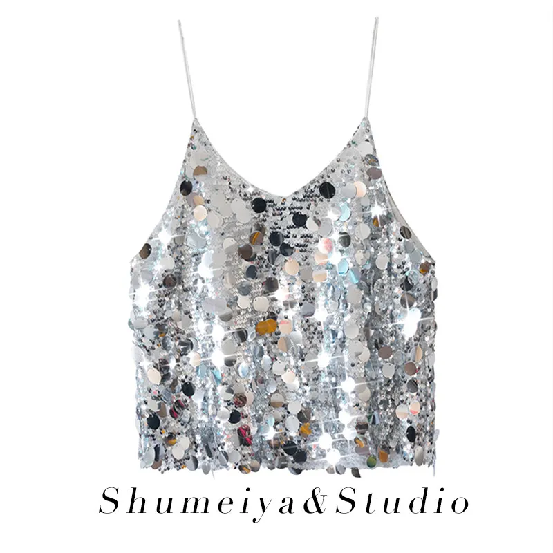 European and American Heavy Industries Colorful Sparkling Glitter V-neck Top, Spicy Girl, Sexy Nightclub, Bounce, Di, Waist