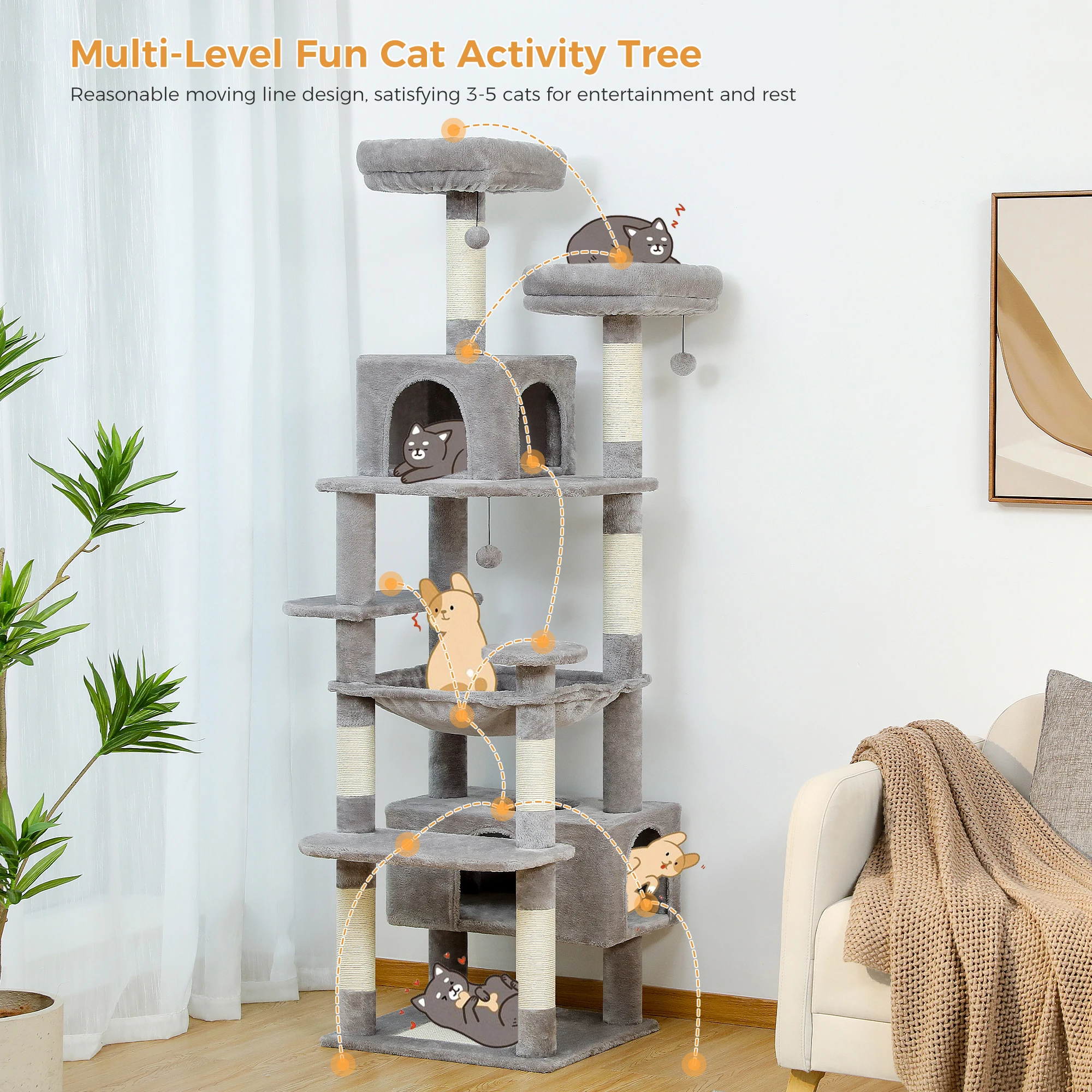 Large Cat Tree Tower for Indoor Cats With Sisal-Covered Scratching Posts Spacious Hammock Padded Perches and Condos Grey