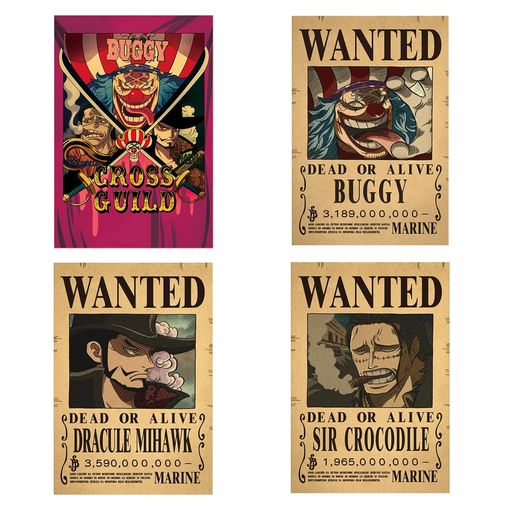 4pcs One Piece Wanted Posters Bounty Poster Anime Luffy Gear 5 Zoro Figures Vintage Living Room Wall Decoration Not Stickers Toy