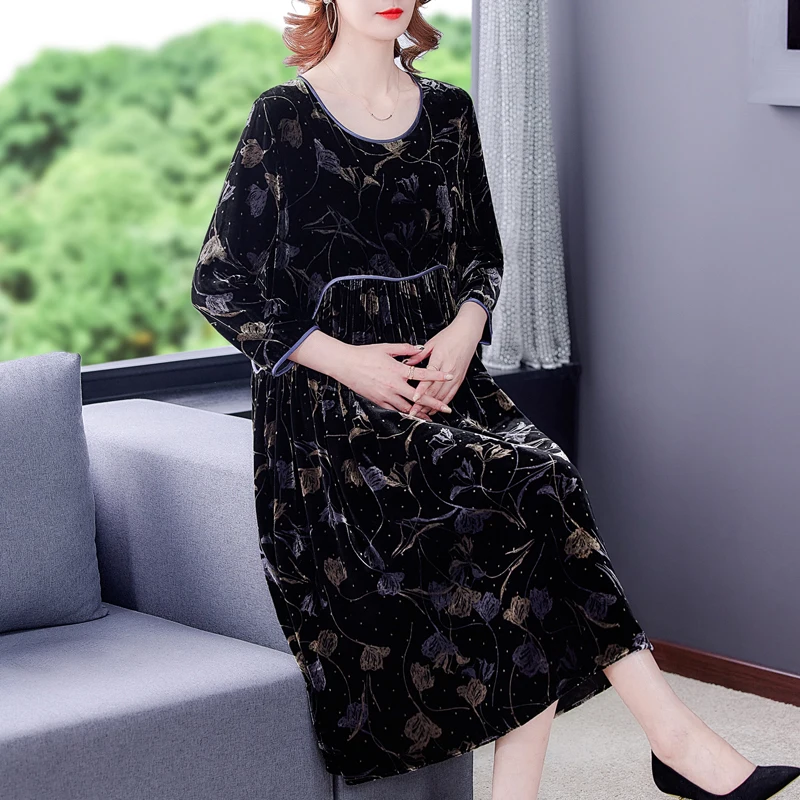 Autumn Winter Large Size Gold Velvet Dress Fashion Loose Eegant Flocking Vintage Flower Long Dress Jacquard Female Vestidos