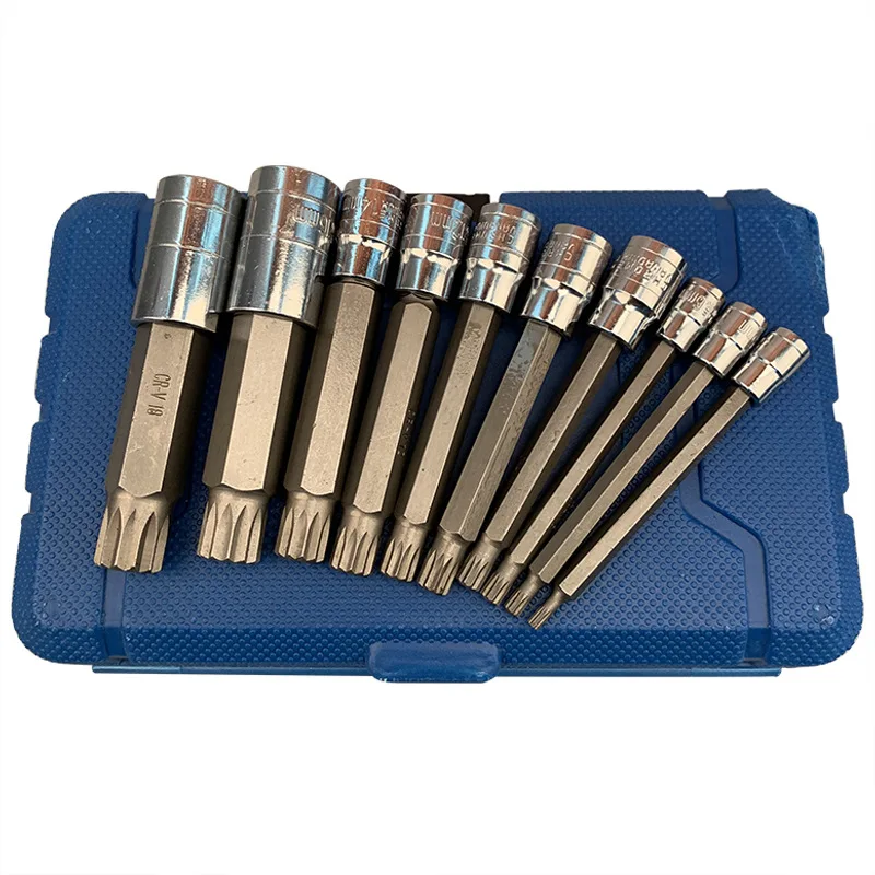 10pcs 1/4 3/8 1/2 Inch Spline Wrench Head Impact 12 Point Teype Socket Set Ratchet Spanner Torx Screwdriver Bits Kit