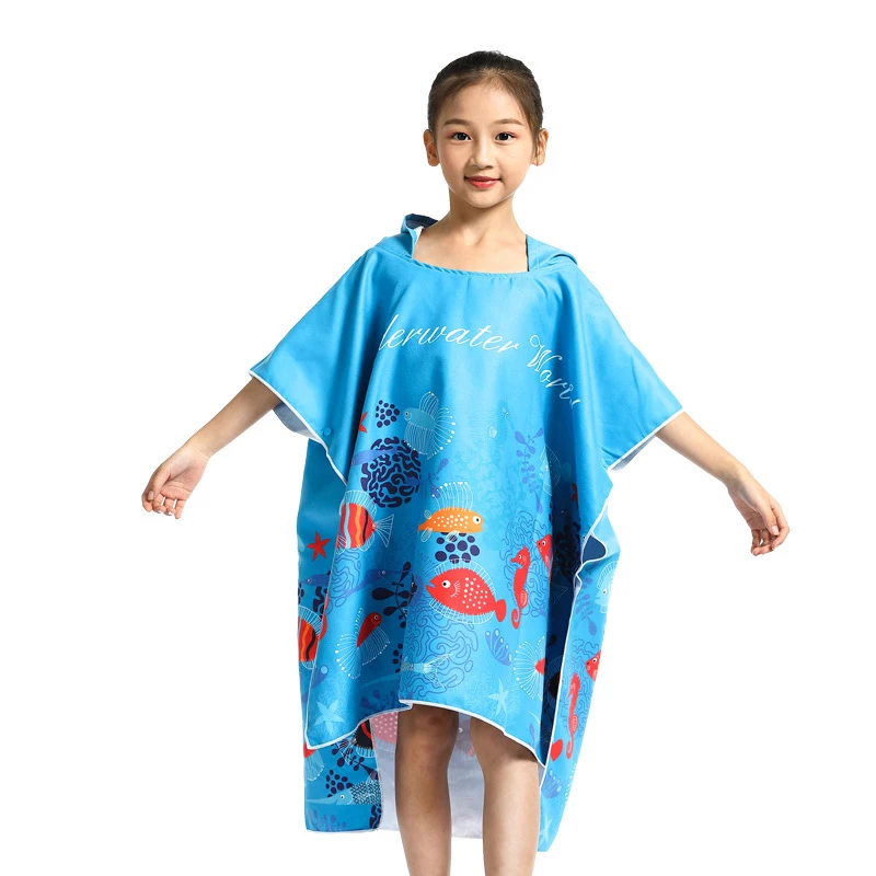 Children Beach Towel Microfiber Bathrobe Poncho Hooded Absorbent Quick Drying Easy For Changing Cloth Underwater World