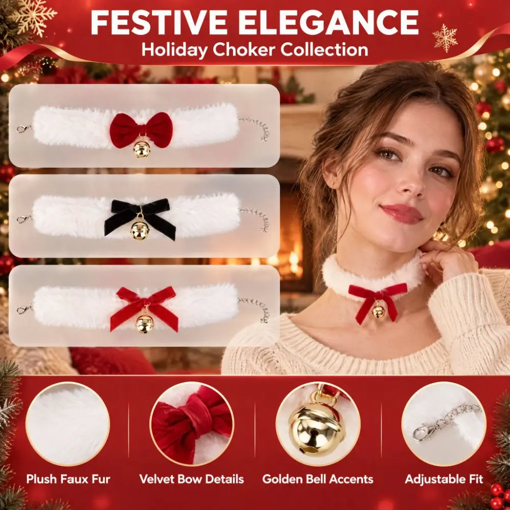 Plush Christmas Choker Cute Velvet Bowknot Bow Bell Pendant Necklace Sweet Charm Xmas Clavicle Chain Christmas Cos Accessories