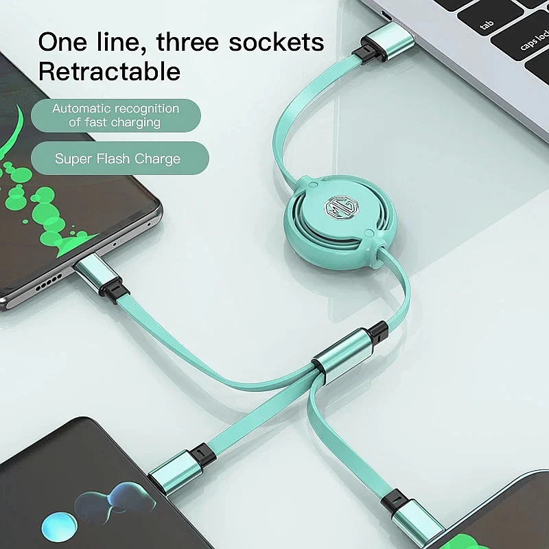 Retractable 3 In 1 USB Car Charger Cable For MG ZS EV HS GT One, Multi-head Telescopic Phone Data Charging Wire Car Interior Par