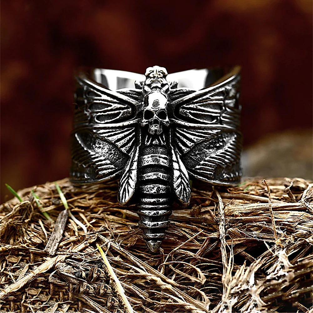 

Fashion Unique Gothic Butterfly Skull Ring Stainless Steel Punk Vintage Moth Rings Biker Animal Jewelry Gifts Dropshipping